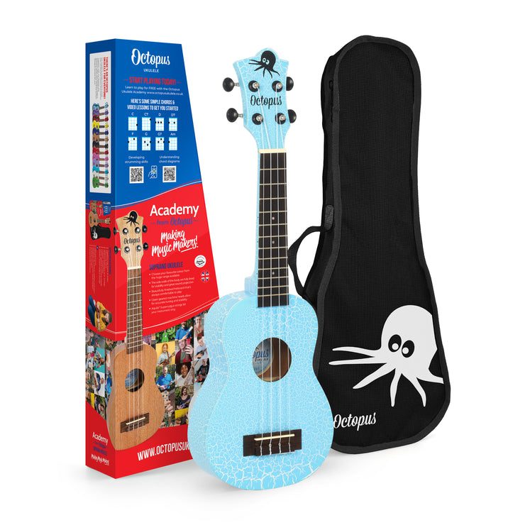 Octopus Academy soprano ukulele ~ Crackle light blue & white crackle