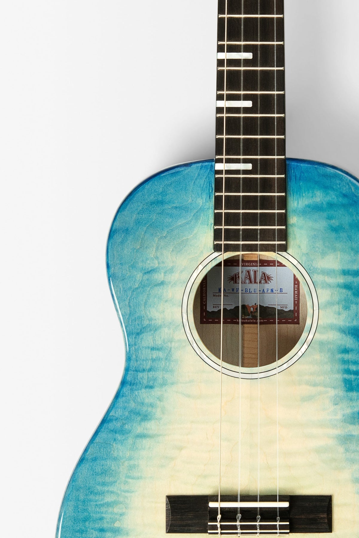 Kala KA-WF-BLU-AFM-B All Solid Blue Flame Maple Waterfall Baritone Ukulele With Bag