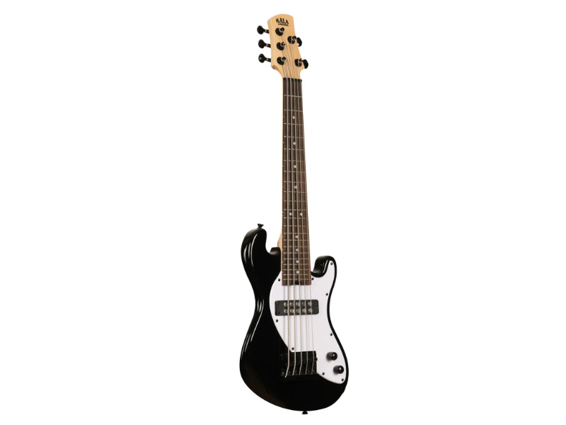 A Kala UBASS-SB5-BK-FS Electric 5-String Black Fretted U•BASS Ukulele with a white pickguard, black body, and maple neck.