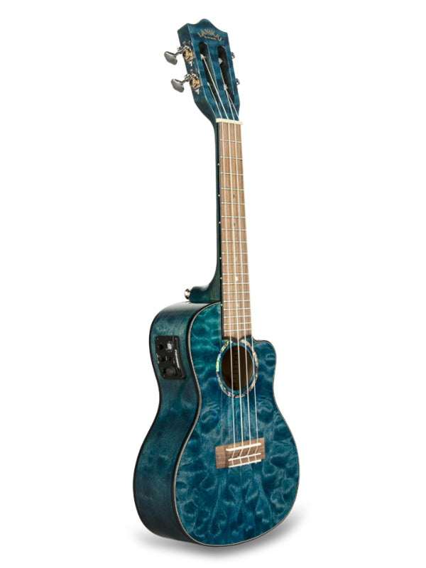 Lanikai QM-BLCEC  Concert Electro Blue Quilted Maple Cutaway Ukulele