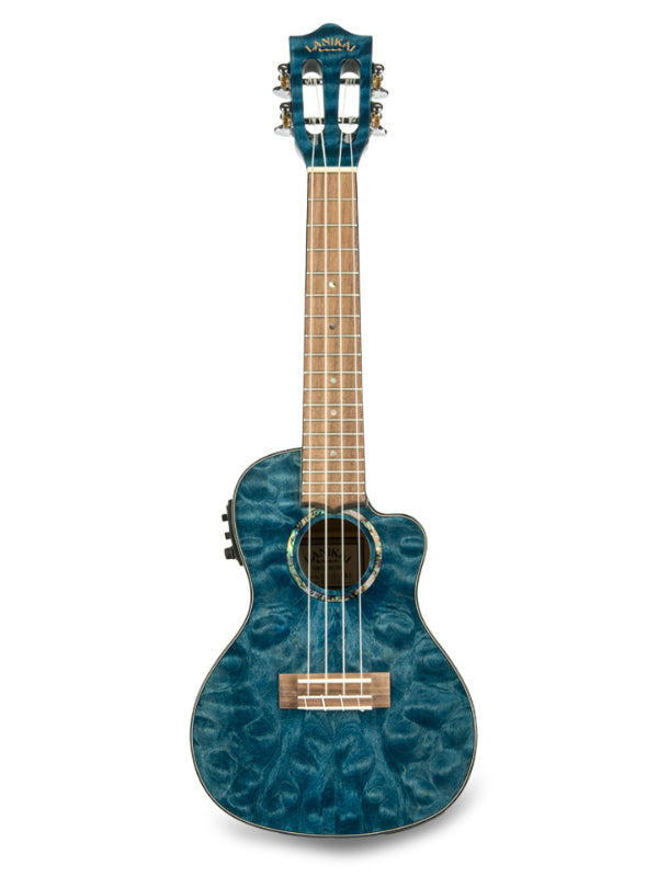 Lanikai QM-BLCEC  Concert Electro Blue Quilted Maple Cutaway Ukulele