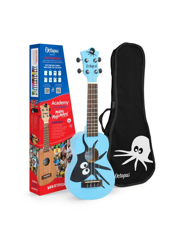 Octopus Academy graphic soprano ukulele ~ Blue with Octopus With Bag