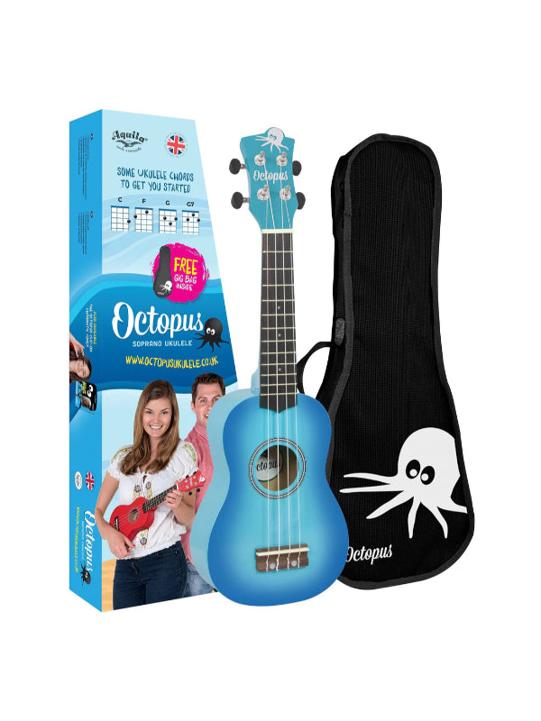 Octopus Metallic Sky Blue Burst Soprano Ukulele With Bag
